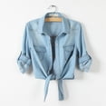 thumbnail image 1 of Sakmal Fall Denim Jackets for Women Blue Knot Front Jean Tops Long Sleeve Cropped Jacket with Pockets, 1 of 6