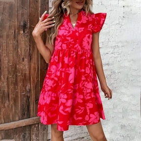 Sakmal Fall Dresses for Women 2025 Floral Ruffle Short Sleeve Red Comfort Fit Mid-Length Shift Dress
