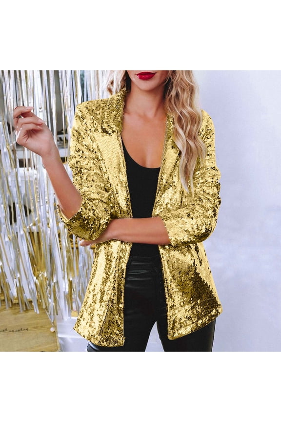 Plus Size Jackets Women Fall Suit Blazer Coats Holiday Gold Sequin Womens Jackets L