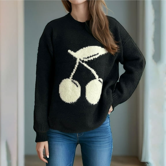 Sakmal Fall Sweaters for Women Pullover Knit Black Tops Long Sleeve Crew Neck Cherry Print Casual Sweaters for Women