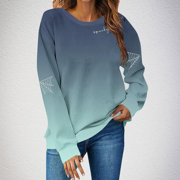 Sakmal Fall Sweatshirts for Women Green Holiday Halloween Sweatshirts Spider Web Soft Fall Fashion Tops