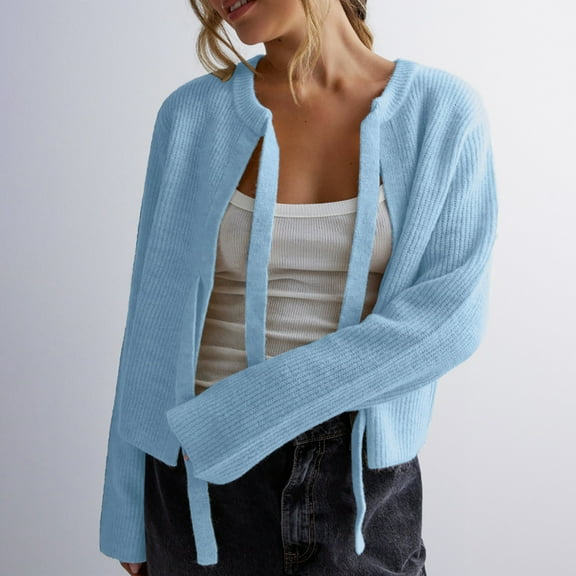 Sakmal Fall Winter Cardigan Sweaters Womens Fashion Tie Front Cropped Cardigan Ribbed Blue Long Sleeve Sweater Coat