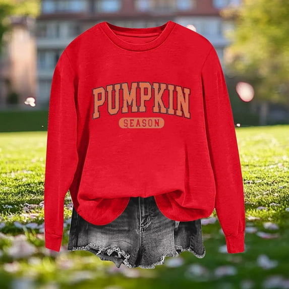 Sakmal Fall Womens Sweatshirts Pumpkin Season Red Sweatshirts Loose Fit Long Sleeve Shirts