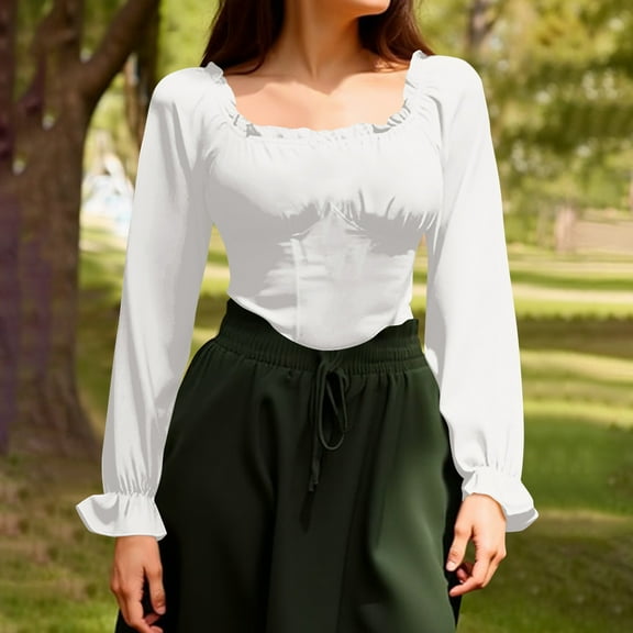 Sakmal Fashion Blouses Women Cropped White Tops Plain Long Sleeve Square Neckline Blouses for Women