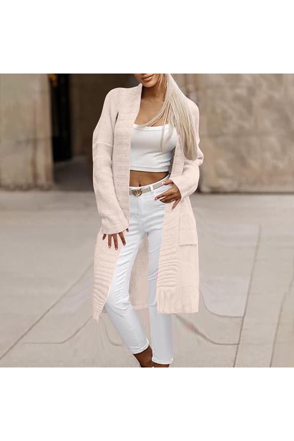 Fashion Cardigan Sweaters Womens Open Front Duster Plus Size Fall Winter Cardigan Long Beige Sweater with Pockets