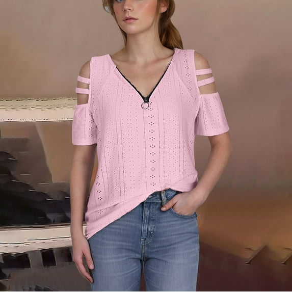 Sakmal Fashion T Shirts for Women Loose Fit Short Sleeve V-Neck Mesh Quarter Zip shirts T-Shirts Womens Workout Tops