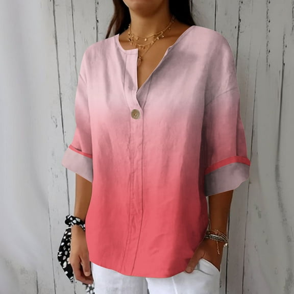 Sakmal Fashion Tops Women Button Down Plus Size Pink Shirts Long Sleeve V Neck Gradient Shirts for Women