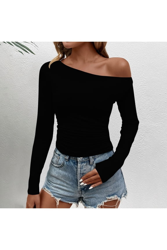 Fashion Tops for Women Black One Shoulder Tops Long Sleeve Crew Neck Solid Tops for Women