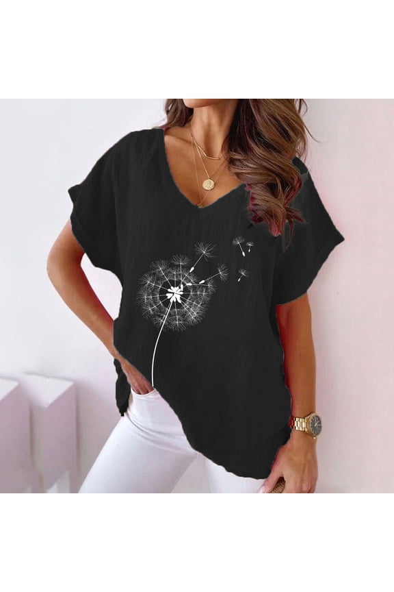 Fashion Tops for Women Short Sleeve Black Floral V-Neck T-Shirts Womens Shirts for Summer