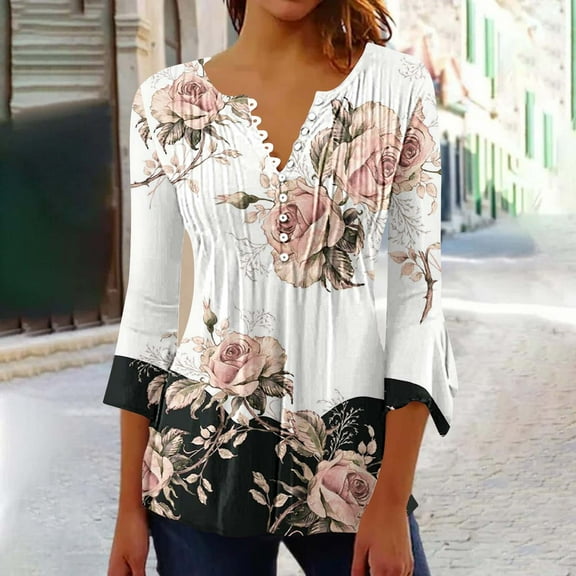 Sakmal Fashion Tops for Women White 3/4 Sleeve Button V-Neck Floral Tunic Womens Shirts Plus Size