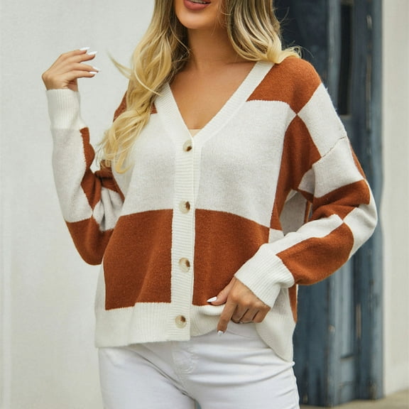 Sakmal Fashion Women Cardigan Sweater Button Down Knit Cardigan Brown Long Sleeve Patchwork Sweater