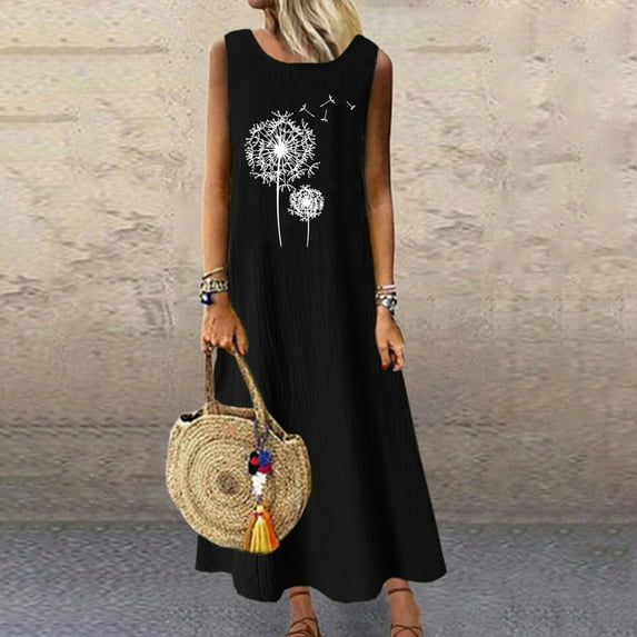 Sakmal Fashion Womens Black Maxi Sun Dress Cotton and Linen Graphic Sleeveless Crew Neck Pocket Plus Size Girls Dresses