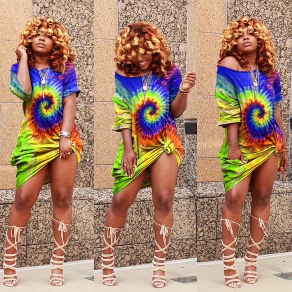 Sakmal Fashion Womens Sun Dress Knee Length Blue Tie Dye Short Sleeve Crew Neck Ladies for Women Trendy