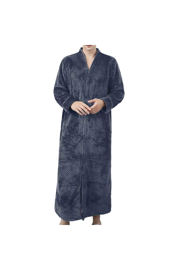 Flannel Moo Moo for Men Long Sleeve Fleece Comfy Pajama Sleep Dress Gray V Neck Nightgowns for Men with Pockets