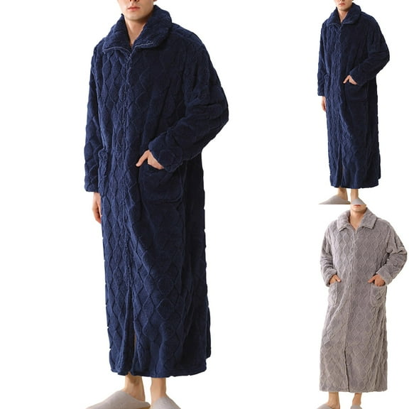 Sakmal Flannel Moo Moo for Men Soft Long Sleeve Fleece House Dress Gray Collared Nightgowns for Men with Pockets