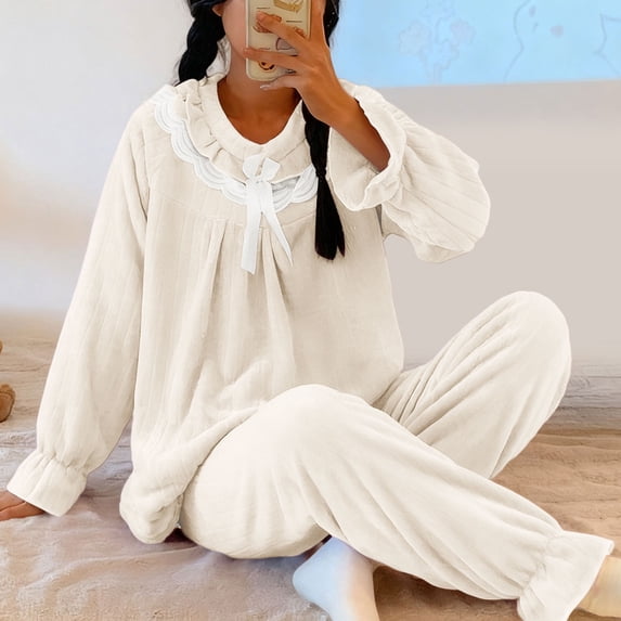 Sakmal Flannel Nightgowns for Women MooMoo Winter Pajama Sleep Dress White Crew Neck Long Sleeve Womens Nightgowns L