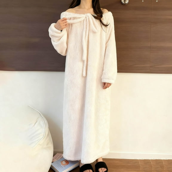 Sakmal Flannel Nightgowns for Women Winter Night dress White Long Sleeve Crew Neck Comfortable Ladies Nightgowns