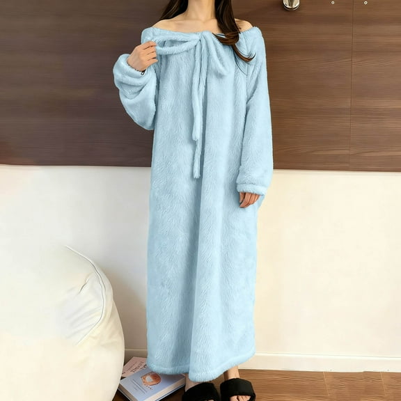 Sakmal Flannel Nightgowns for Women Winter Nightwear Crew Neck Blue Long Sleeve Soft Nightgowns for Women