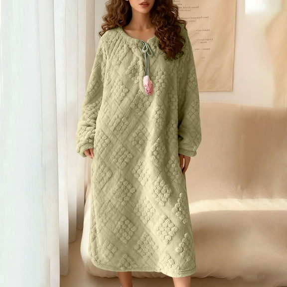 Sakmal Flannel Nightgowns for Women Winter Plus Size Sleepshirt Green Long Sleeve Crew Neck Nightgowns for Women XXL