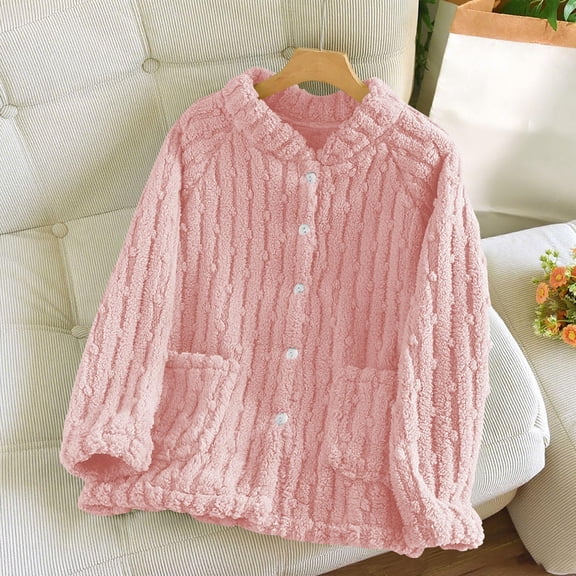 Sakmal Flannel Pajama Tops for Women Fleece Long Sleeve Button Up Warm Loungewear Pink Crew Neck Loungewear for Women L