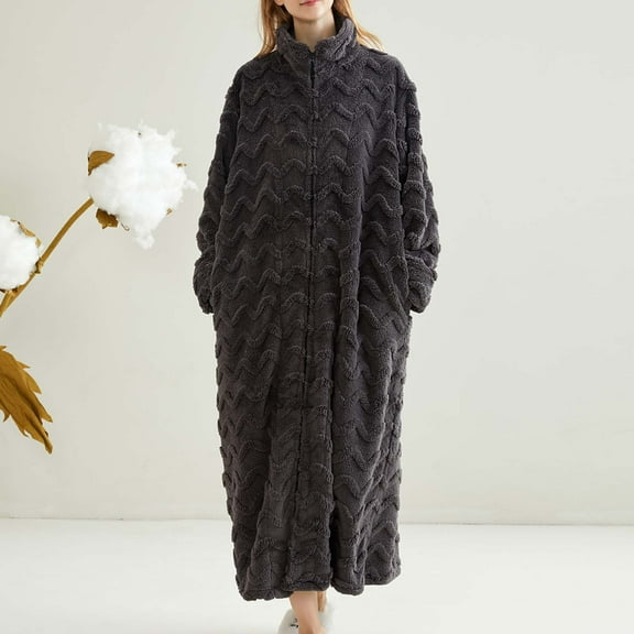 Sakmal Flannel Women's Robes Long Length Knit Zip Front Fleece Bathrobe for Women Gray Soft Women's Robe with Pockets