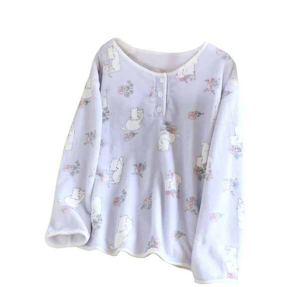 Sakmal Flannel Womens Pajama Tops Long Sleeve Fuzzy Pullover Fleece Loungewear Purple Crew Neck Loungewear for Women L