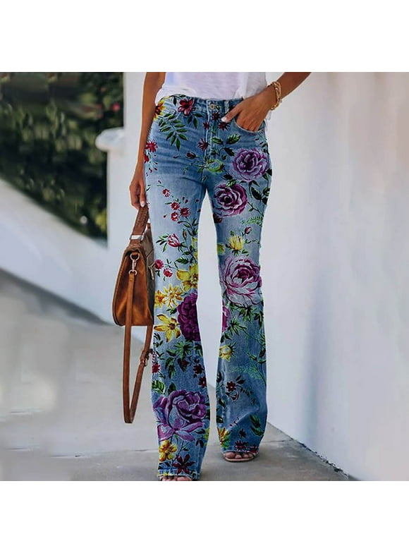Flare Leg Women's Pants Plus Size Pleated Mid Jean Blue Floral Pants with Pockets