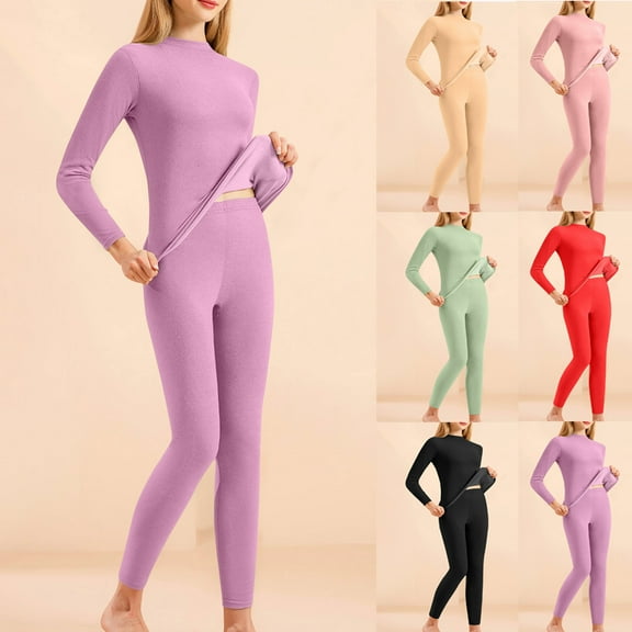 Sakmal Fleece Lined Womens Thermal Underwear Set Plus Size Top & Bottom Beige Warm Womens Base Layer Sizes M-3XL