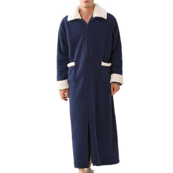 Sakmal Fleece Moo Moo for Men Flannel Soft Long Sleeve Night dress Collared Blue Mens Nightgown with Pockets