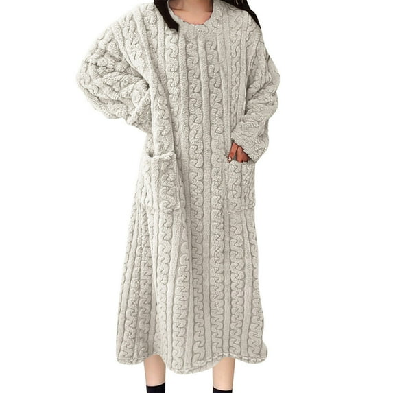 Sakmal Fleece Moomoo Nightgowns for Women Long Sleeve Plus Size Flannel Pajama Dress White Nightgowns for Women with Pockets