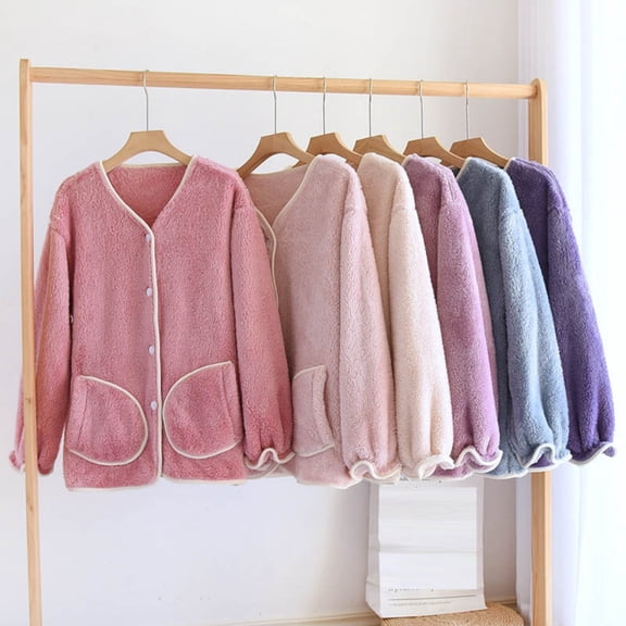 Sakmal Fleece Pajama Tops for Women Button Up Long Sleeve Flannel Warm Loungewear Beige Crew Neck Loungewear for Women L