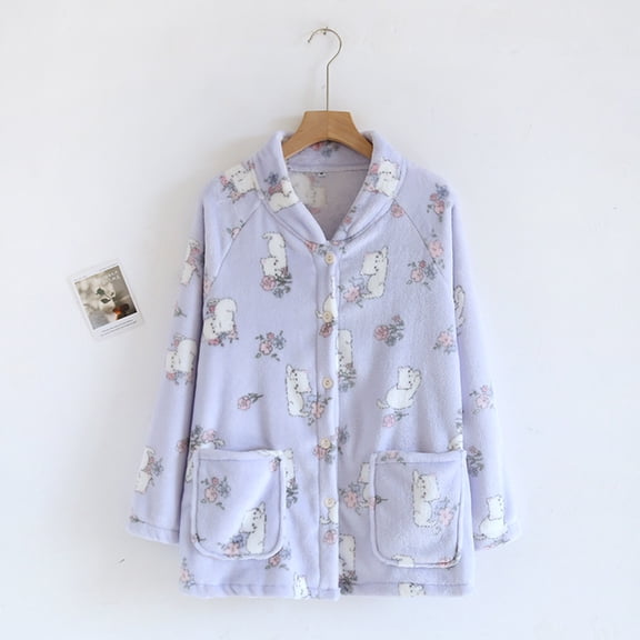 Sakmal Fleece Womens Pajama Tops Long Sleeve Flannel Fuzzy Button Up Loungewear Crew Neck Purple Loungewear for Women M