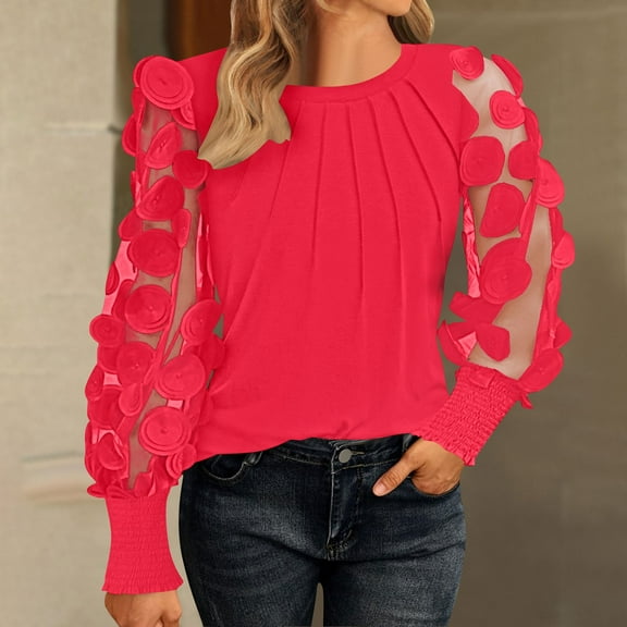 Sakmal Floral Blouses for Women Dressy Casual Crew Neck Puff Sleeve Mesh Sleeve Chest Pleated Shirts Red Blouses Business Casual Outfits for Women