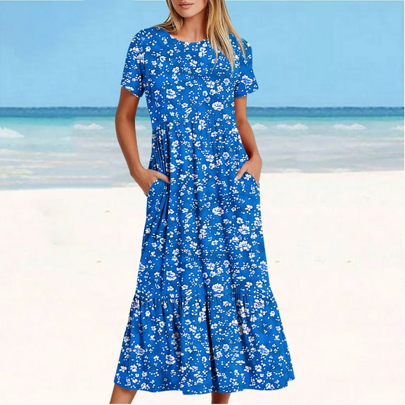 Sakmal Floral Casual Dresses for Women Pleated Boho with Pocket Comfort Fit Short Sleeve Blue Maxi Sundress