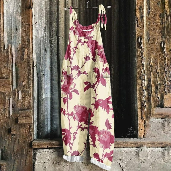 Sakmal Floral Casual Jumpsuits for Women Plus Size Backless Vintage Wide Leg Overalls Long Sleeveless Scoop Neck Beige Pants for Women