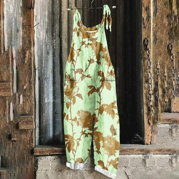 Sakmal Floral Casual Jumpsuits for Women Wide Leg Backless Vintage Plus Size Overalls Green Scoop Neck Sleeveless Long Pants for Women