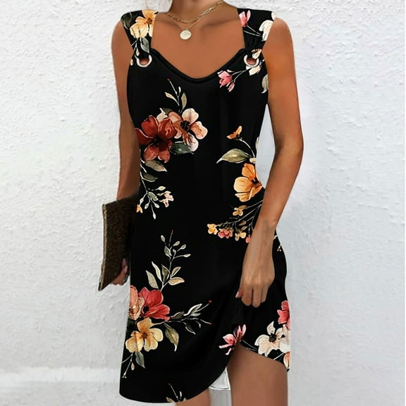 Sakmal Floral Casual Summer Dresses for Women Basic Black Comfort Fit Sleeveless Mid-Length Slip Dress