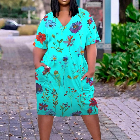 Sakmal Floral Casual Summer Dresses for Women with Pocket Blue Oversized Short Sleeve Mid-Length Shift Dress