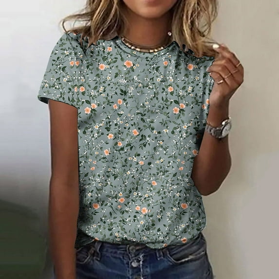 Sakmal Floral T Shirts For Women Oversized Crew Neck Short Sleeve Loose Casual Spring Tops For Women