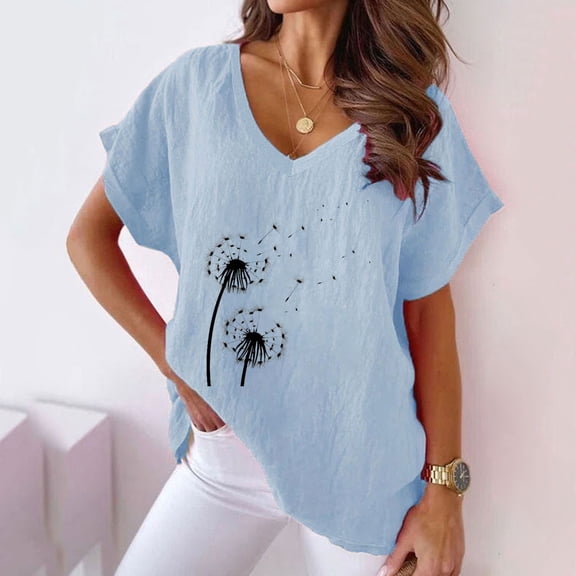 Sakmal Floral Tee Cotton and Linen V-Neck Short Sleeve Basic Shirts Summer Tops for Women