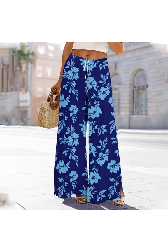 Flowy Pants Women Palazzo Work Wide Leg Summer Full Length High Waisted Floral Blue Pants with Pockets