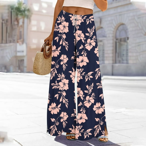 Sakmal Flowy Pants for Women Wide Leg Summer Palazzo Work Pink Floral Full Length High Waisted Pants with Pockets