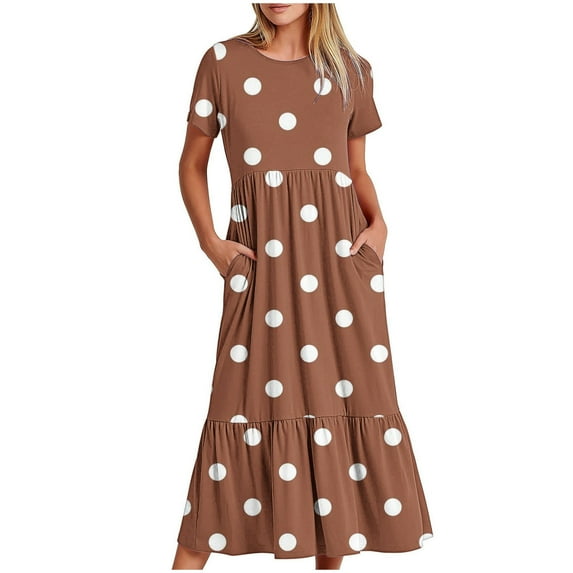 Sakmal Flowy Women's Dresses Shift Ruffle Maxi Brown Dress Long Sleeve Polka Dot Dresses for Women