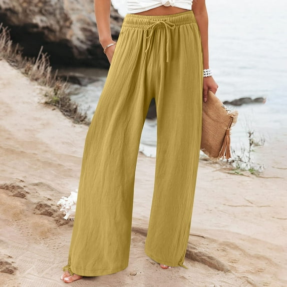 Sakmal Flowy Women's Pants Palazzo Wide Leg Plus Size Drawstring High Waisted Long Solid Yellow Pants with Pockets