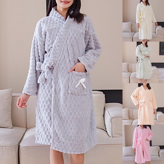 Sakmal Fluffy Robes for Women Coral Fleece Long Bathrobe for Women Lightweight Beige Women Robe