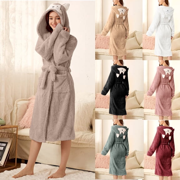 Sakmal Fluffy Women Robes with Hood Plush Long Length Fleece Bathrobe for Women Black Cozy Ladies Robe with Pockets