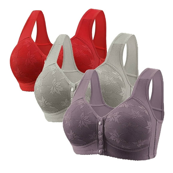 Sakmal Front Closure Womens Bras Full Coverage Wireless Lace Bralette 3-Pack Gray Stretch Ladies Bras L