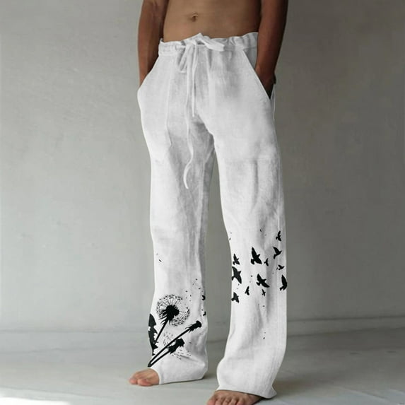 Sakmal Full Big and Tall Pants for Men White Khakis Graphic Drawstring Cotton Linen Fashion Trousers for Mens