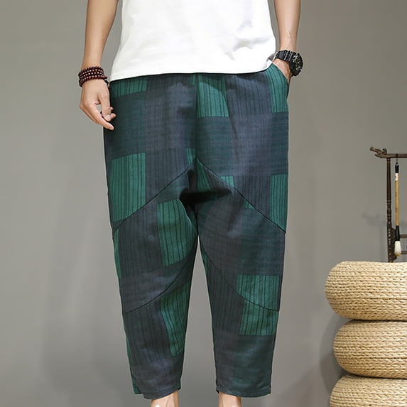Sakmal Full Casual Pants Mens Chino Pant Green Vintage Plaid Loose Trendy Trouser for Men