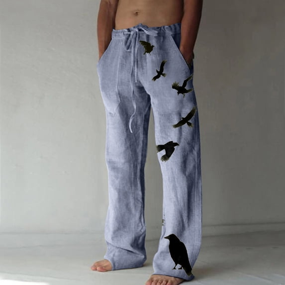 Sakmal Full Clearance Pants for Men Blue Khakis Graphic Cotton Drawstring Linen Mens Running Trouser